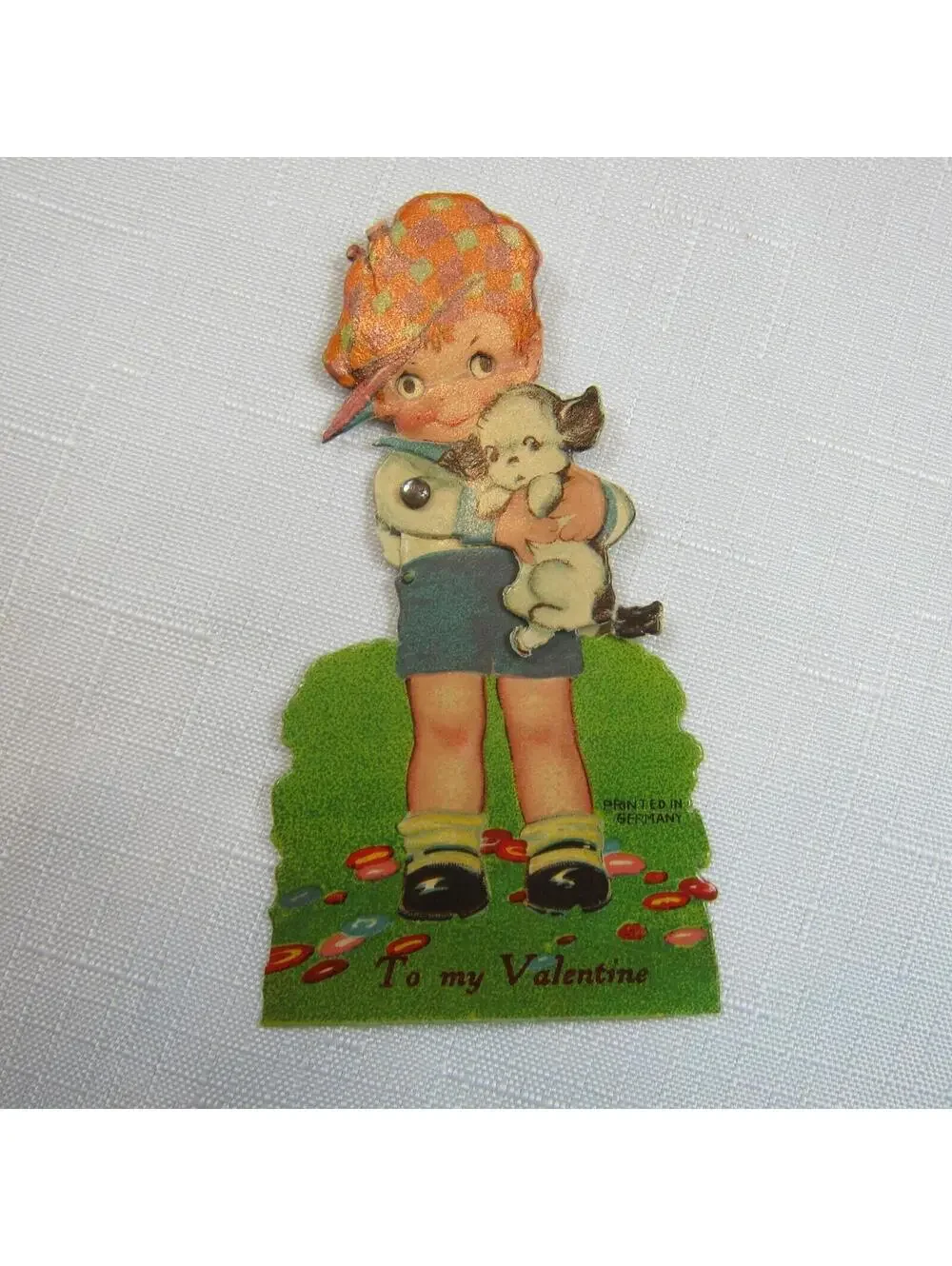 Vintage Valentine Card Mechanical Boy Puppy Dog Moving Eyes Arms Germany 20s-30s